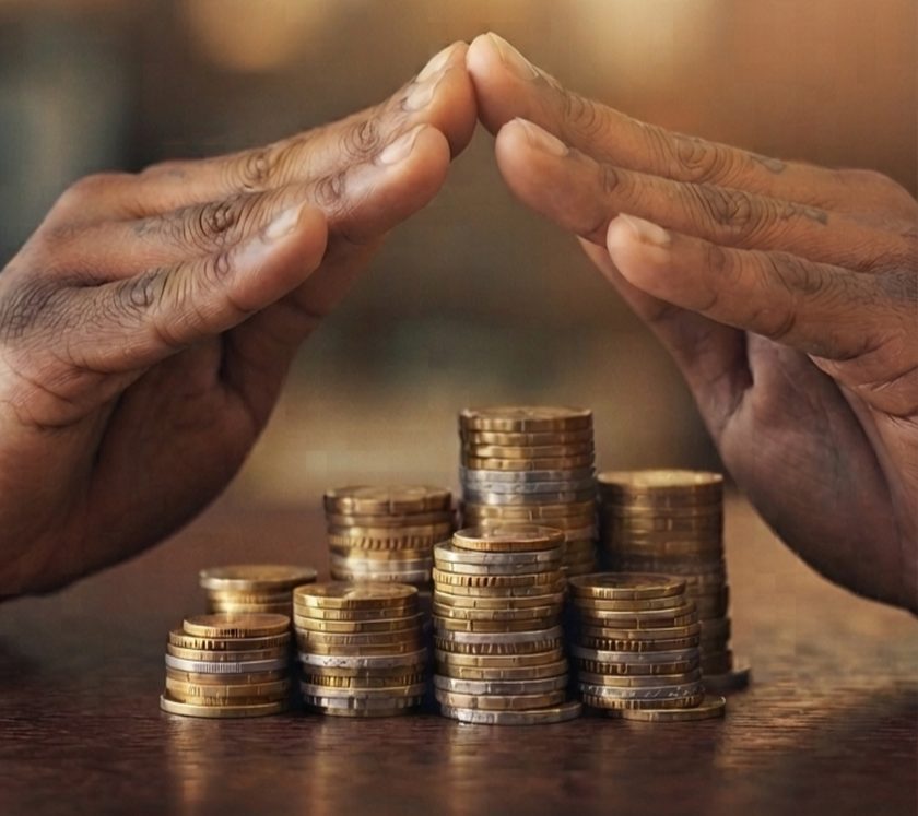 Deux mains formant un toit au-dessus de piles de pièces