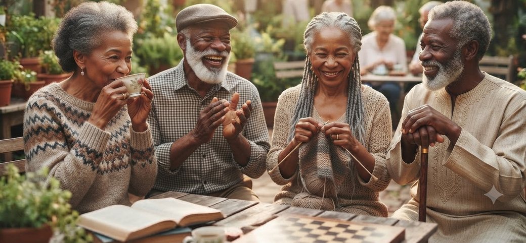 Quatre personnes âgées qui discutent et rient autour d'une table de jardin
