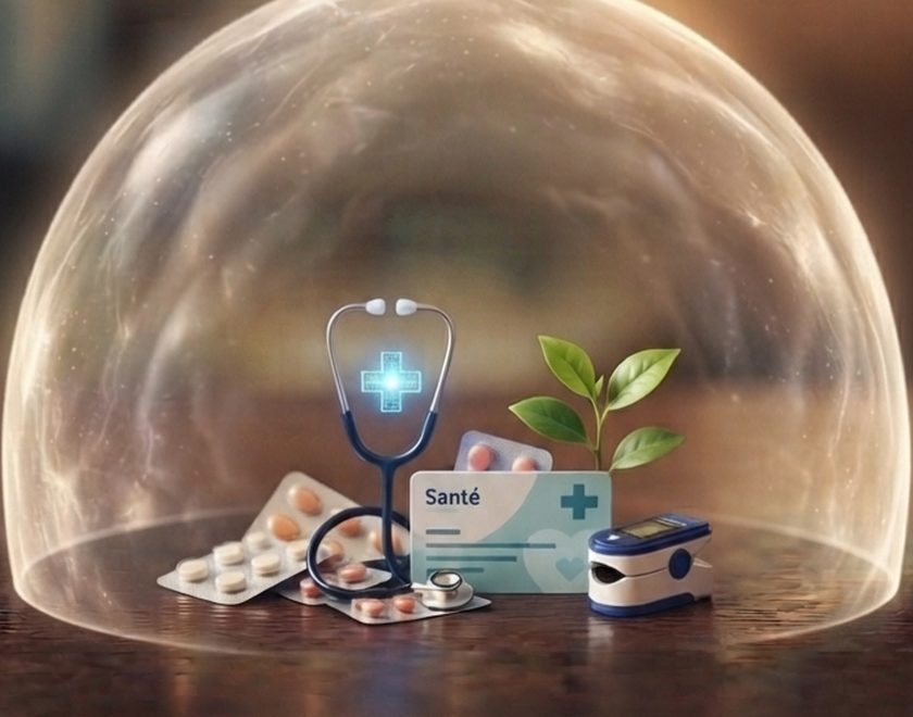 Carte de santé, stéthoscope et médicaments protégés sous une cloche